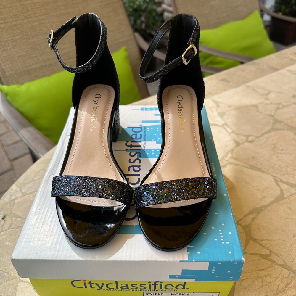 Cityclassified Black and Silver Heels with Glittery Ankle Strap